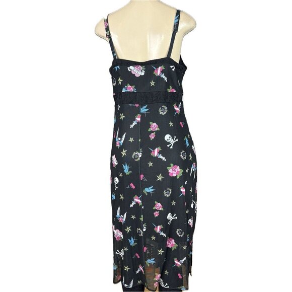 Betsey Johnson L Black Tattoo Icons Mesh Lined Surplice Neck Strappy Midi Dress - Picture 4 of 6